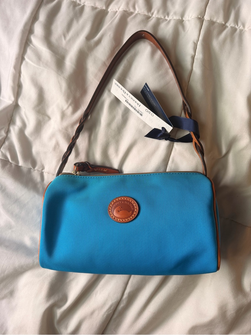 Dooney & Bourke Turquoise Nylon Shoulder Bag with Brown Leather Trim